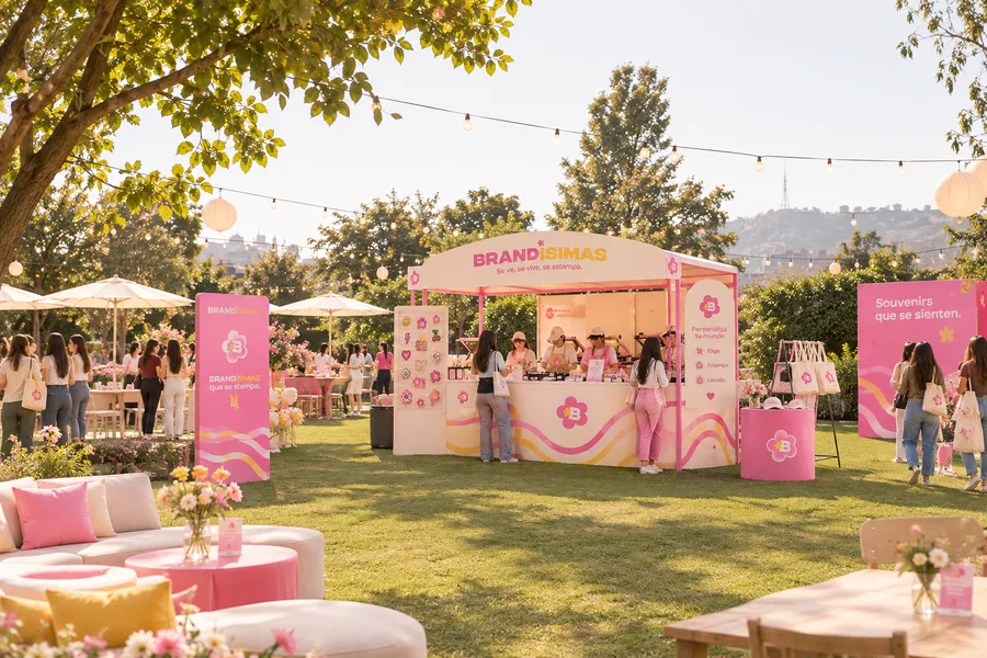 Stand rosado de Brandísimas montado en un jardín