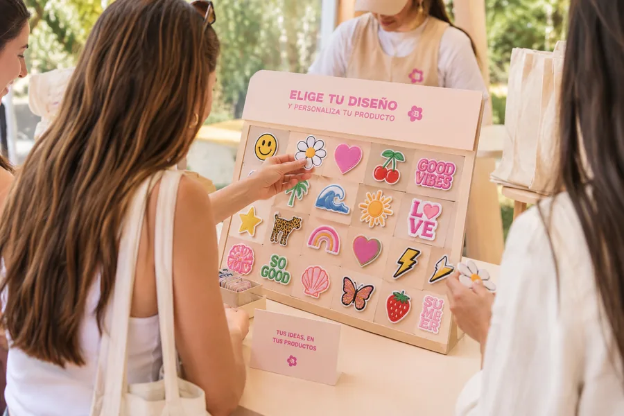 Invitada eligiendo parches en la mesa de estampados