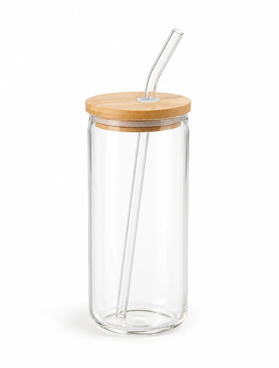 Vaso de vidrio con tapa de bambú y bombilla